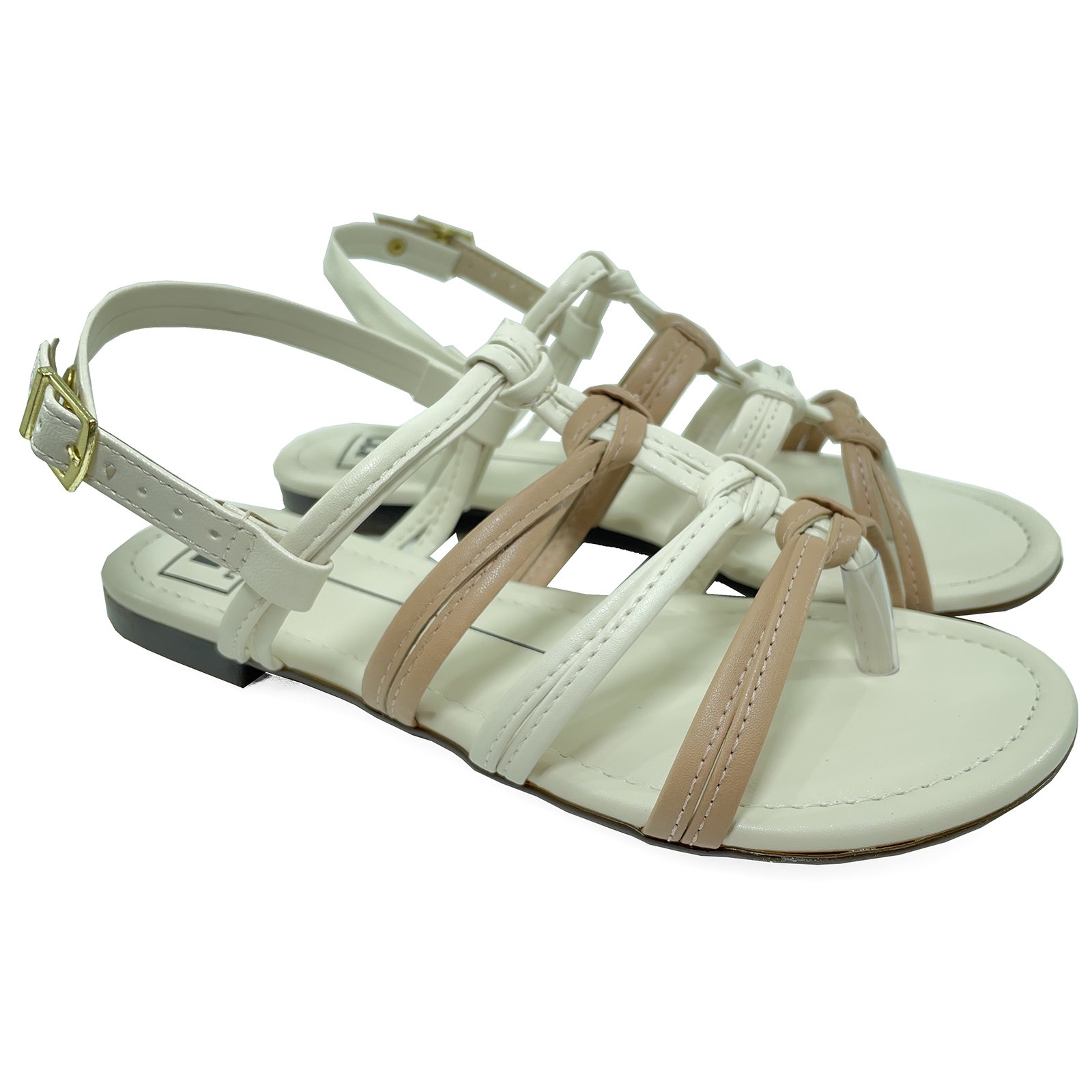 Rasteira Moleca Multi Tiras Bicolor Feminina - Branco e Nude Bege 1