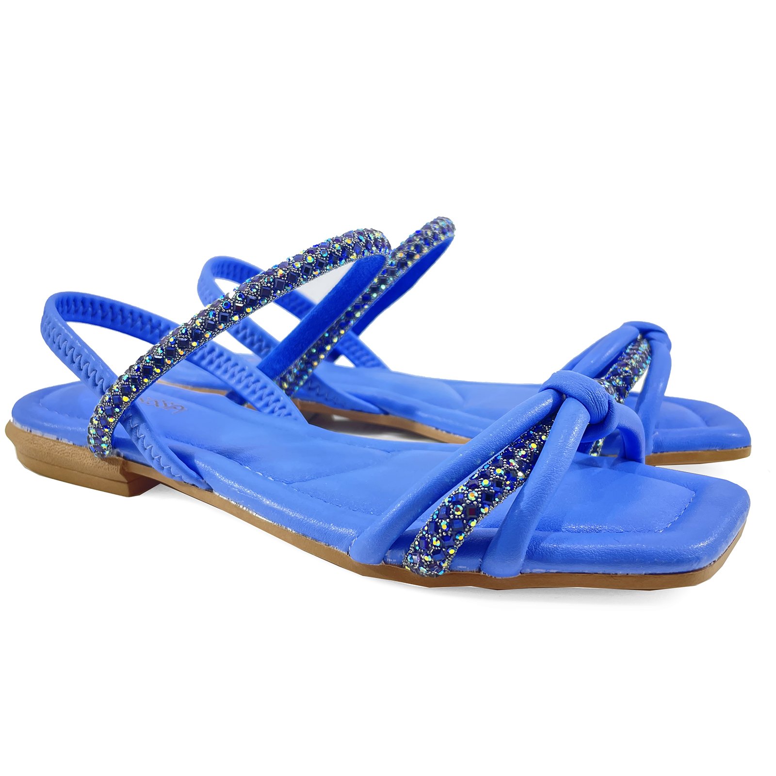 Rasteira Mississipi Tiras Strass Nó Feminina Azul Azul