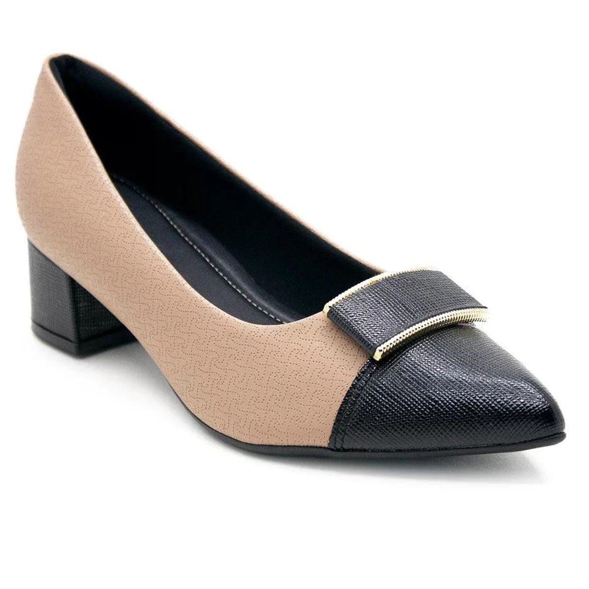 Sapato Piccadilly Salto Baixo Bicolor Feminino - Nude e Preto Preto 1
