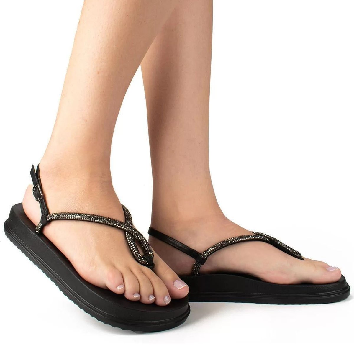 Rasteira Dakota Tira Strass Flatform Feminina - Preto Preto 6