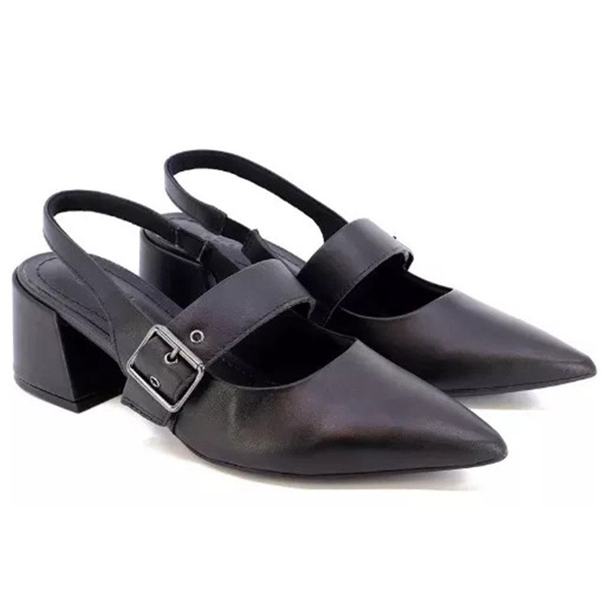 Scarpin Couro Usaflex Slingback Salto Bloco Feminino - Preto Preto 1