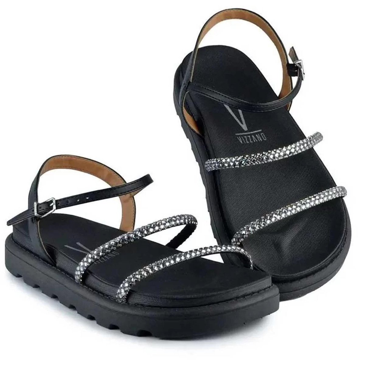 Rasteira Vizzano Flatform Tiras Strass Feminina - Preto Preto 2