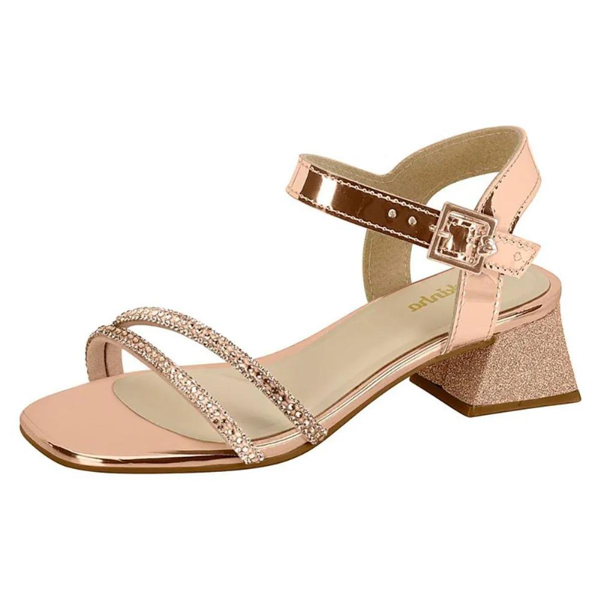 Sandália Infantil Molekinha Brilho Salto Quadrado - Rosê Dourado 1