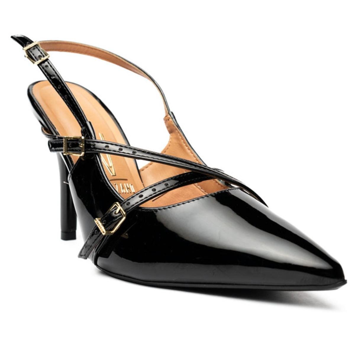 Scarpin Vizzano Slingback Fivelas Salto Médio Verniz - Preto Preto 1