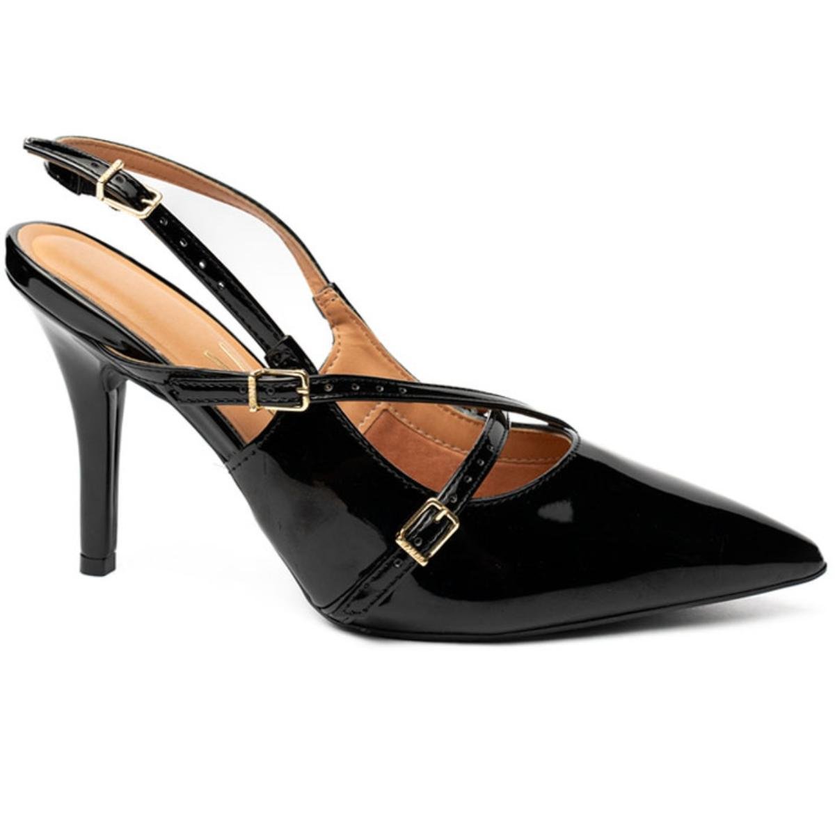 Scarpin Vizzano Slingback Fivelas Salto Médio Verniz - Preto Preto 2