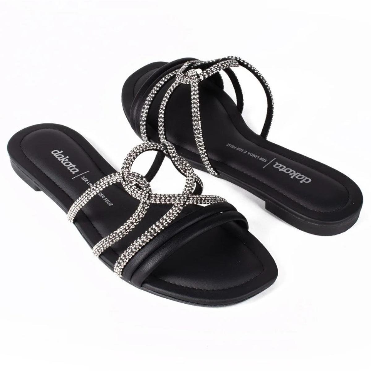 Rasteira Dakota Rives Tiras Cruzadas Brilho Feminina - Preto Preto 4