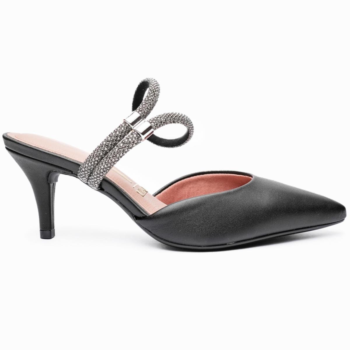 Scarpin Vizzano Traseiro Aberto Tira Strass Salto Médio - Preto Preto 2