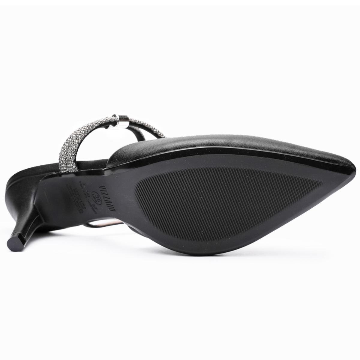 Scarpin Vizzano Traseiro Aberto Tira Strass Salto Médio - Preto Preto 5