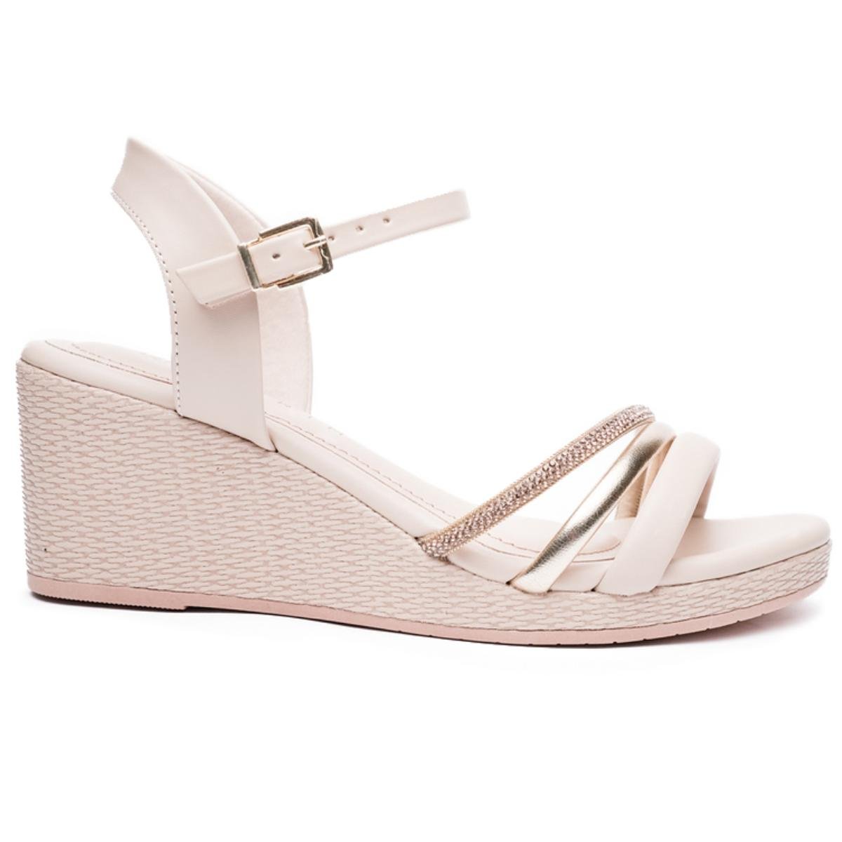Sandália Anabela Ramarim Tiras Strass Feminina - Off White Branco 2