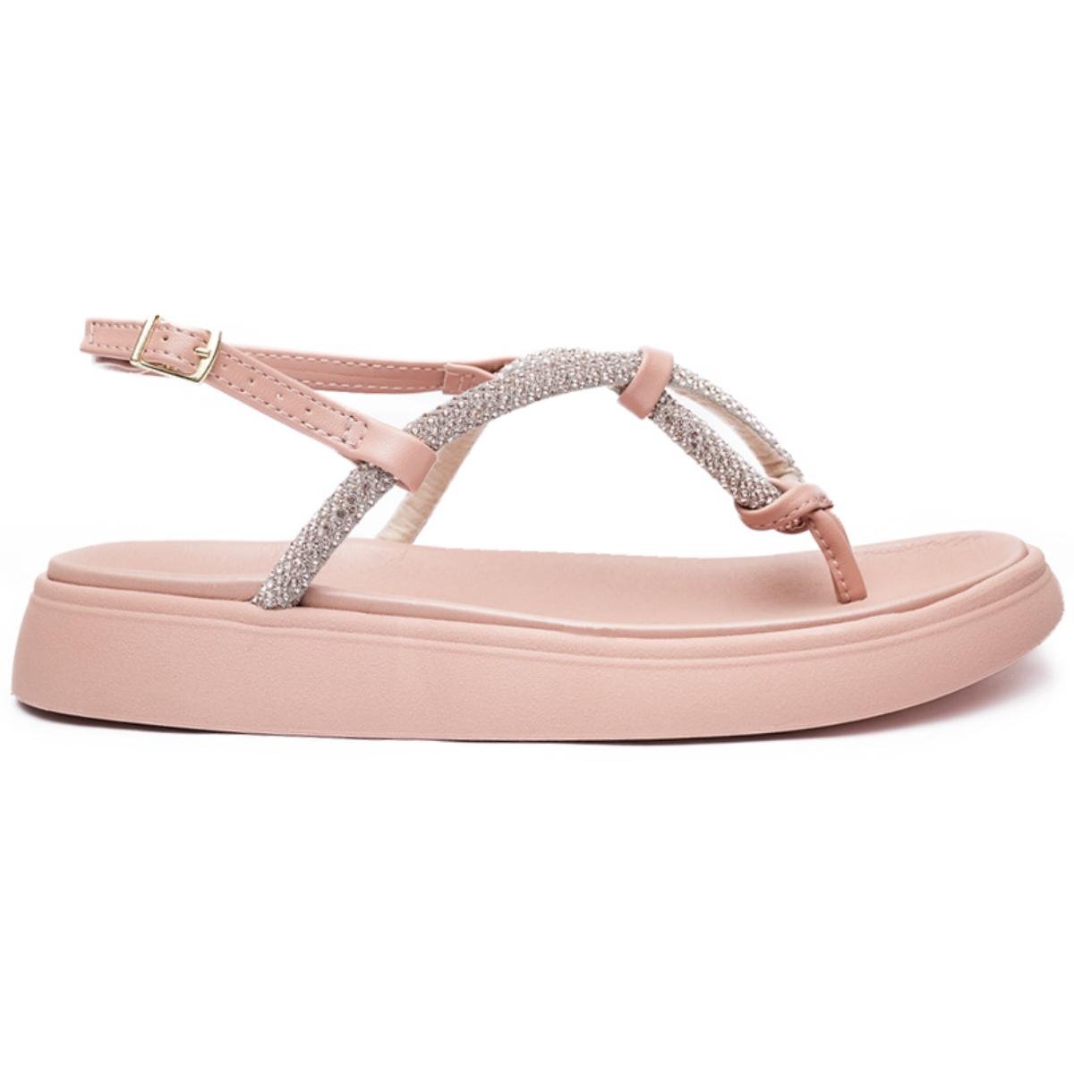 Rasteira Moleca Tira Cruzada Strass Feminina - Bege Rosa 2
