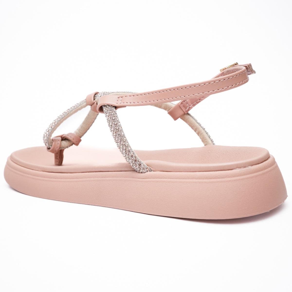 Rasteira Moleca Tira Cruzada Strass Feminina - Bege Rosa 4