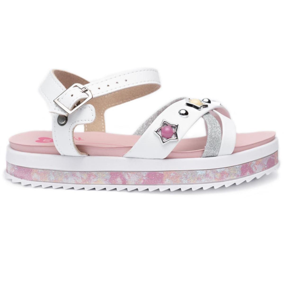 Sandália Infantil Molekinha Flatform Tira Strass Pedraria - Rosa Branco 2