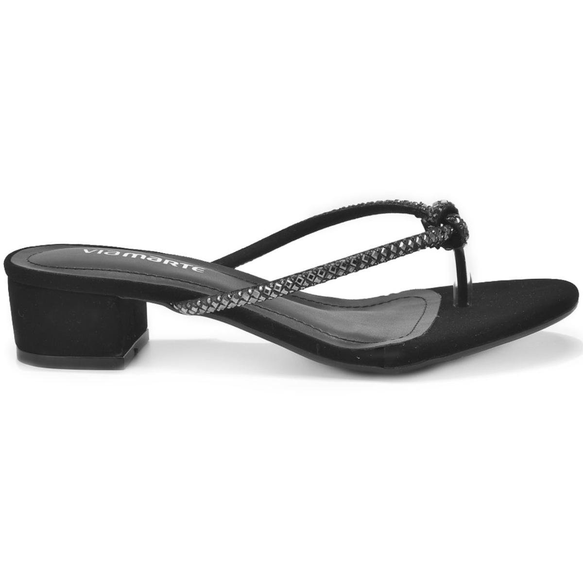 Tamanco Via Marte Tira Nó Strass Salto Bloco Feminina - Preto Preto 2