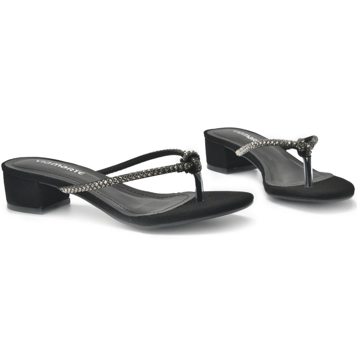 Tamanco Via Marte Tira Nó Strass Salto Bloco Feminina - Preto Preto 3