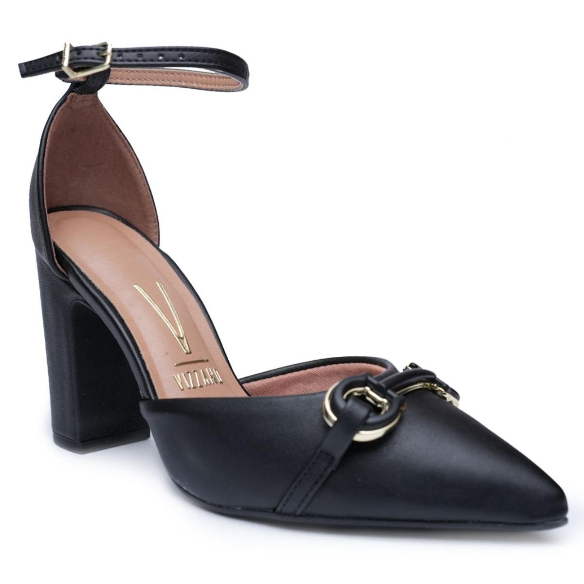 Scarpin Vizzano Salto Grosso Detalhe Feminino - Preto Preto 1