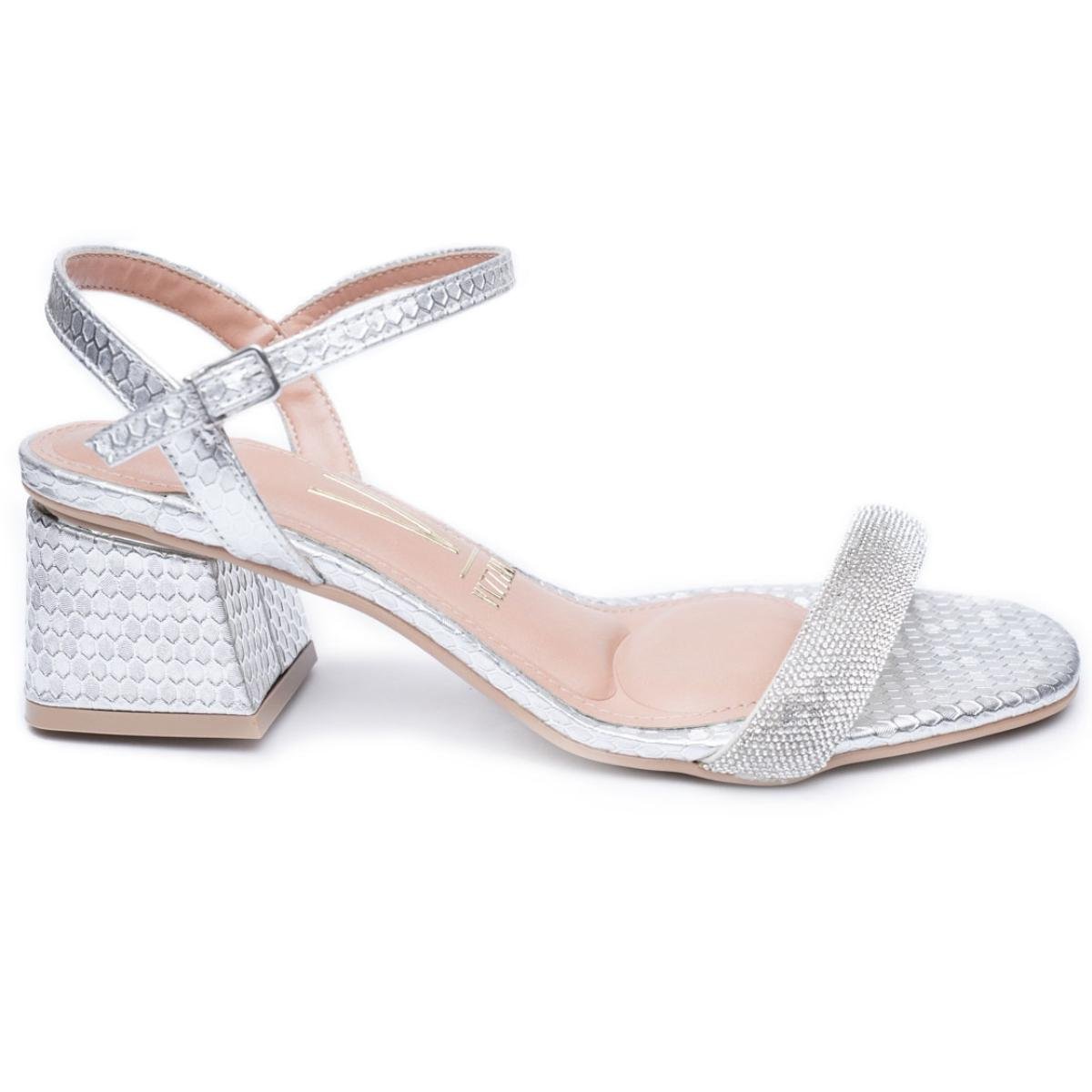 Sandália Vizzano Metalizada Cristais Salto Bloco Feminino - Prata Preto 2