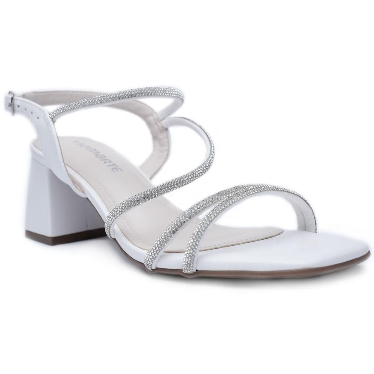 Sandália Via Marte Salto Bloco Strass Feminina Branco Branco