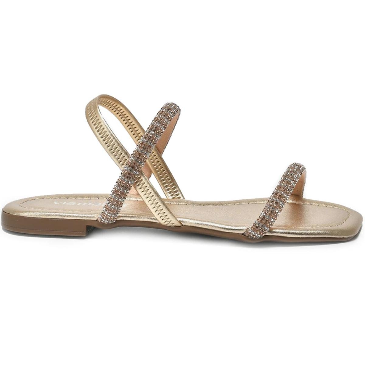 Rasteira Via Marte Metalizado Strass Feminina - Dourado Dourado 2