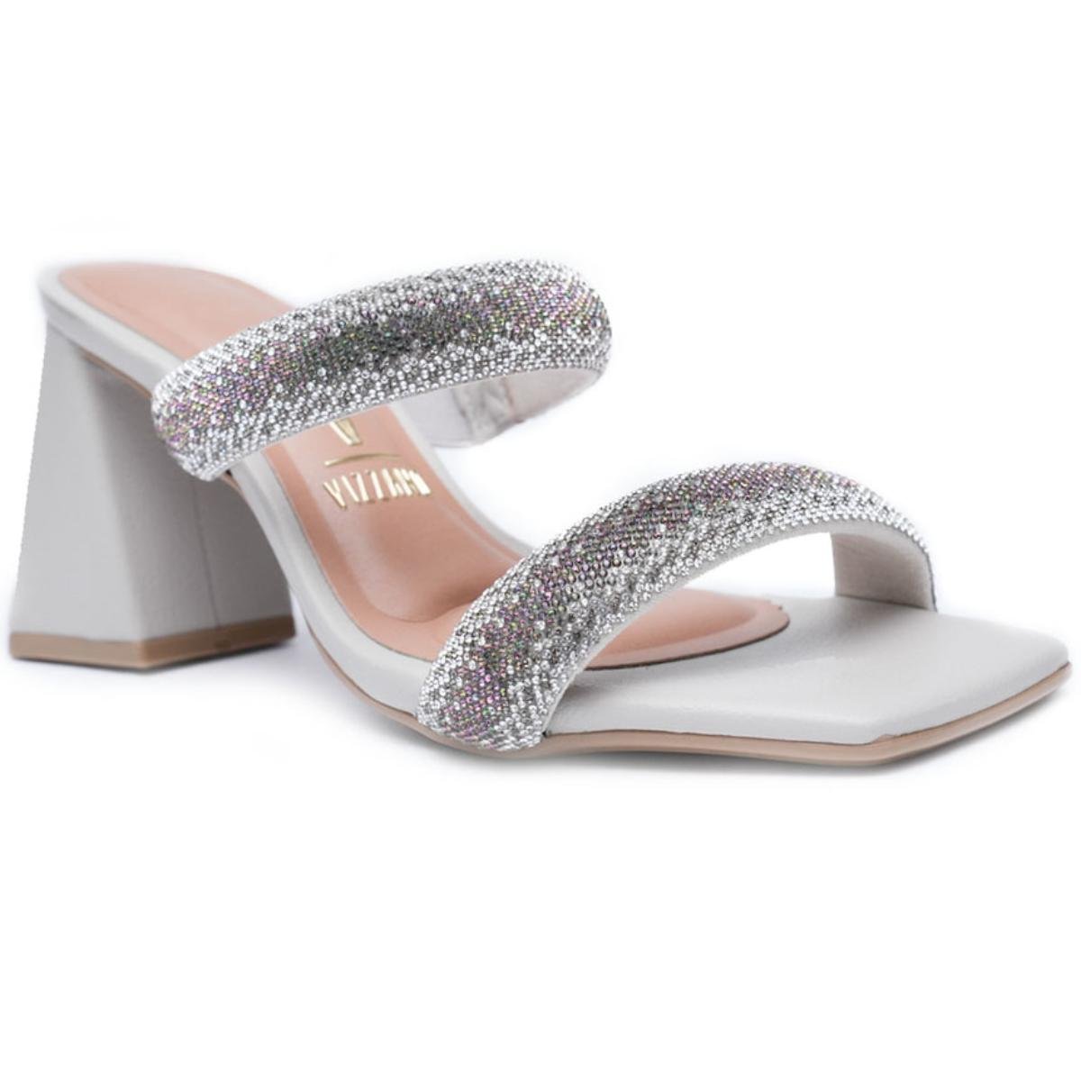 Sandália Vizzano Salto Bloco Strass Feminino - Off White Prata 1