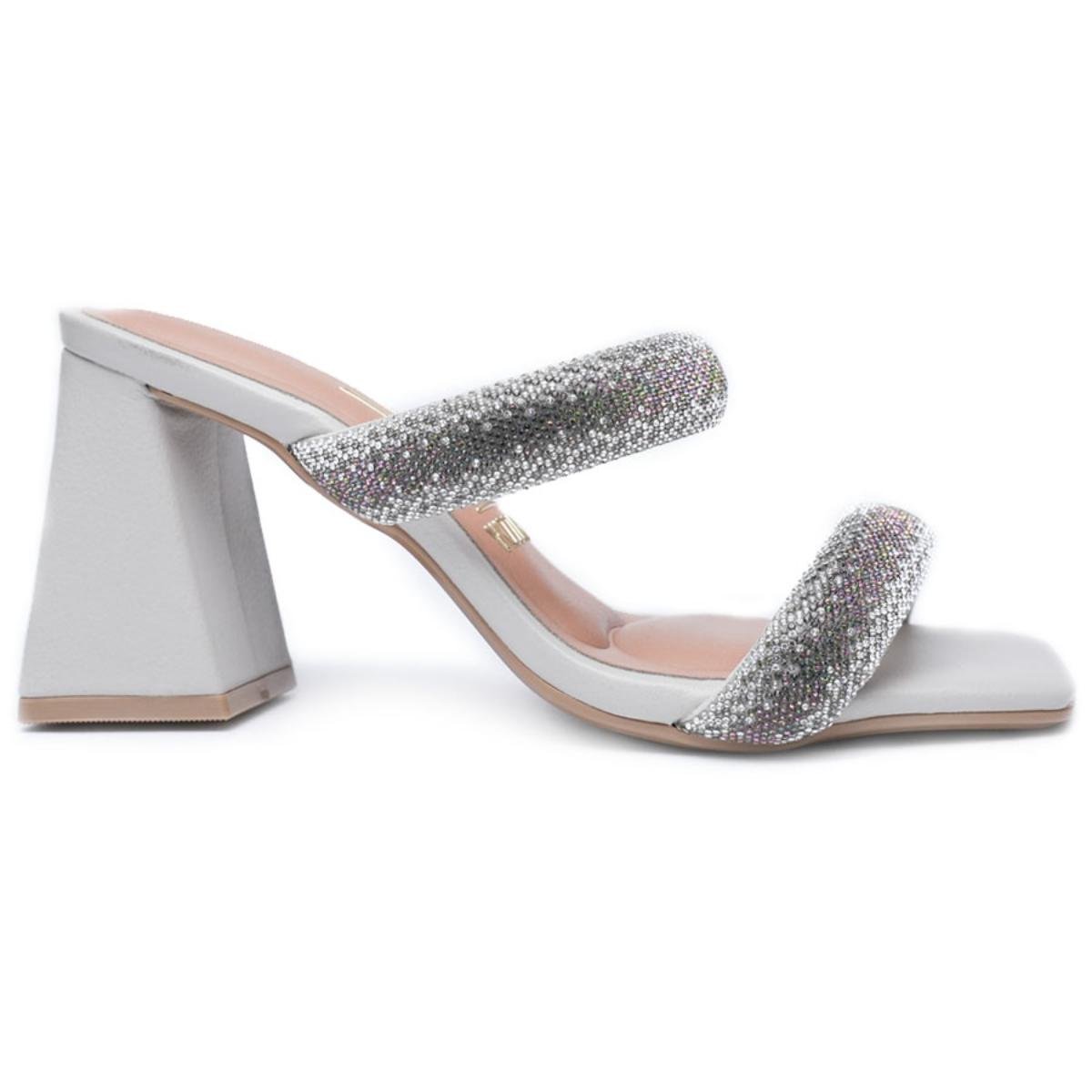 Sandália Vizzano Salto Bloco Strass Feminino - Off White Prata 2