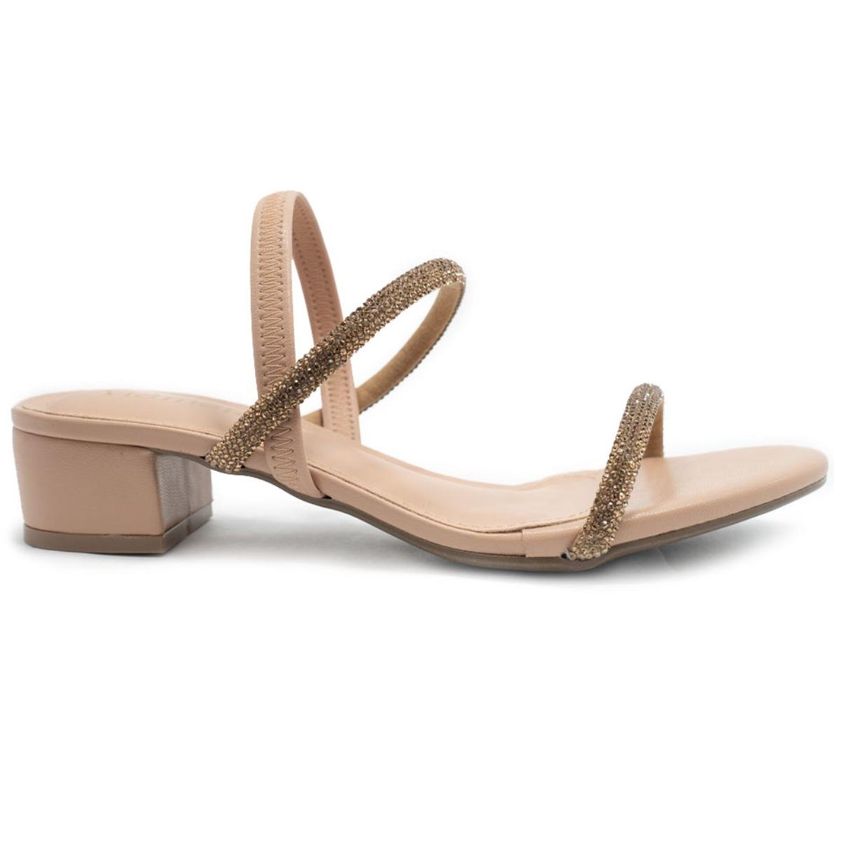 Sandália Via Marte Tira Strass Salto Bloco Feminina - Nude Dourado 2