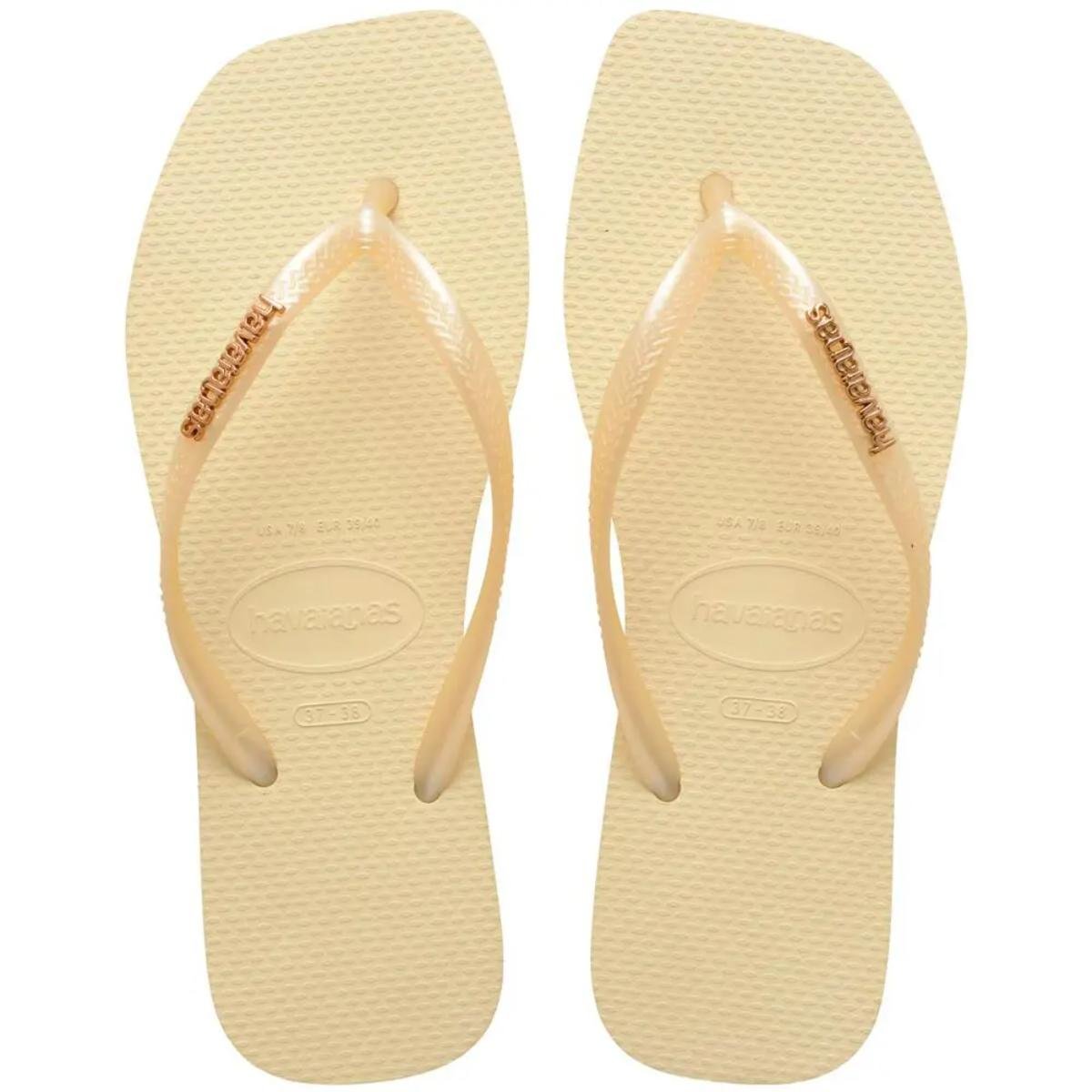 Chinelo Havaianas Slim Square Logo Metallic Feminino - Creme