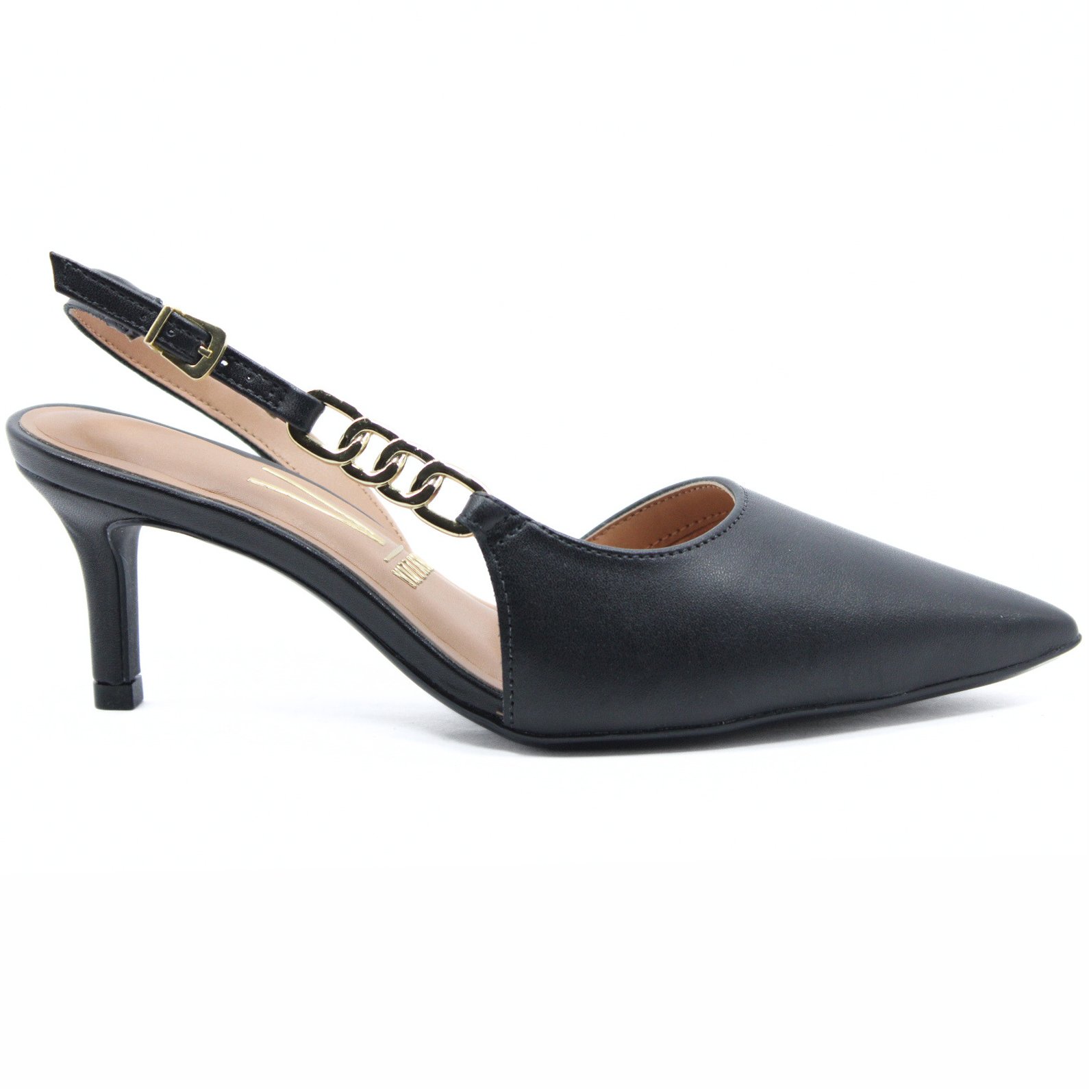 Scarpin Vizzano Slingback Detalhe Bico Fino Salto Baixo - Preto Preto/Dourado 2