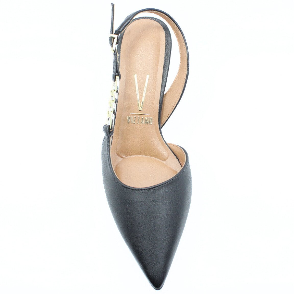 Scarpin Vizzano Slingback Detalhe Bico Fino Salto Baixo - Preto Preto/Dourado 3