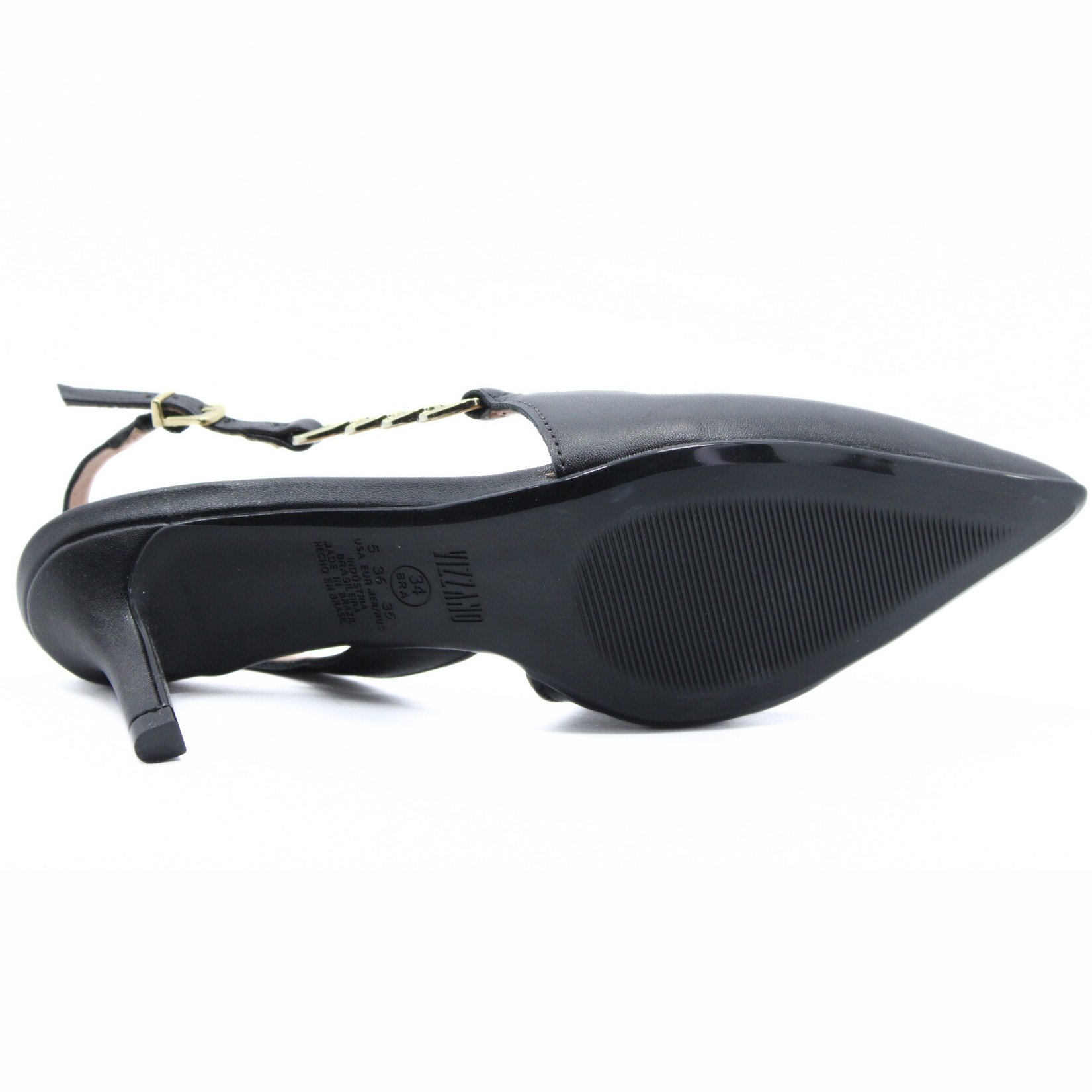 Scarpin Vizzano Slingback Detalhe Bico Fino Salto Baixo - Preto Preto/Dourado 5