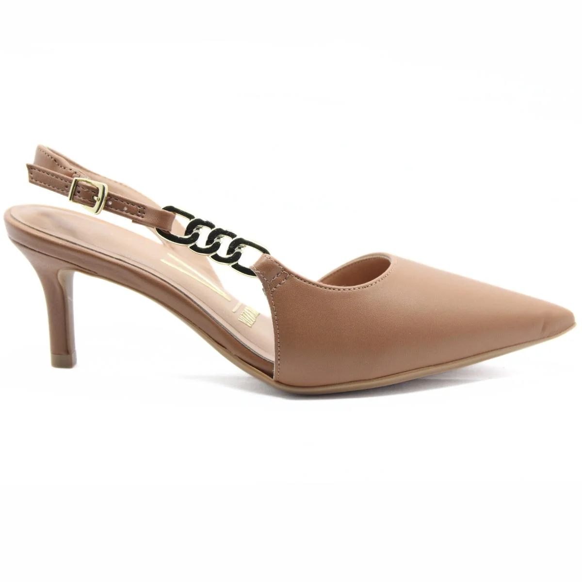 Scarpin Vizzano Slingback Detalhe Bico Fino Salto Baixo - Caramelo Caramelo/Dourado 2