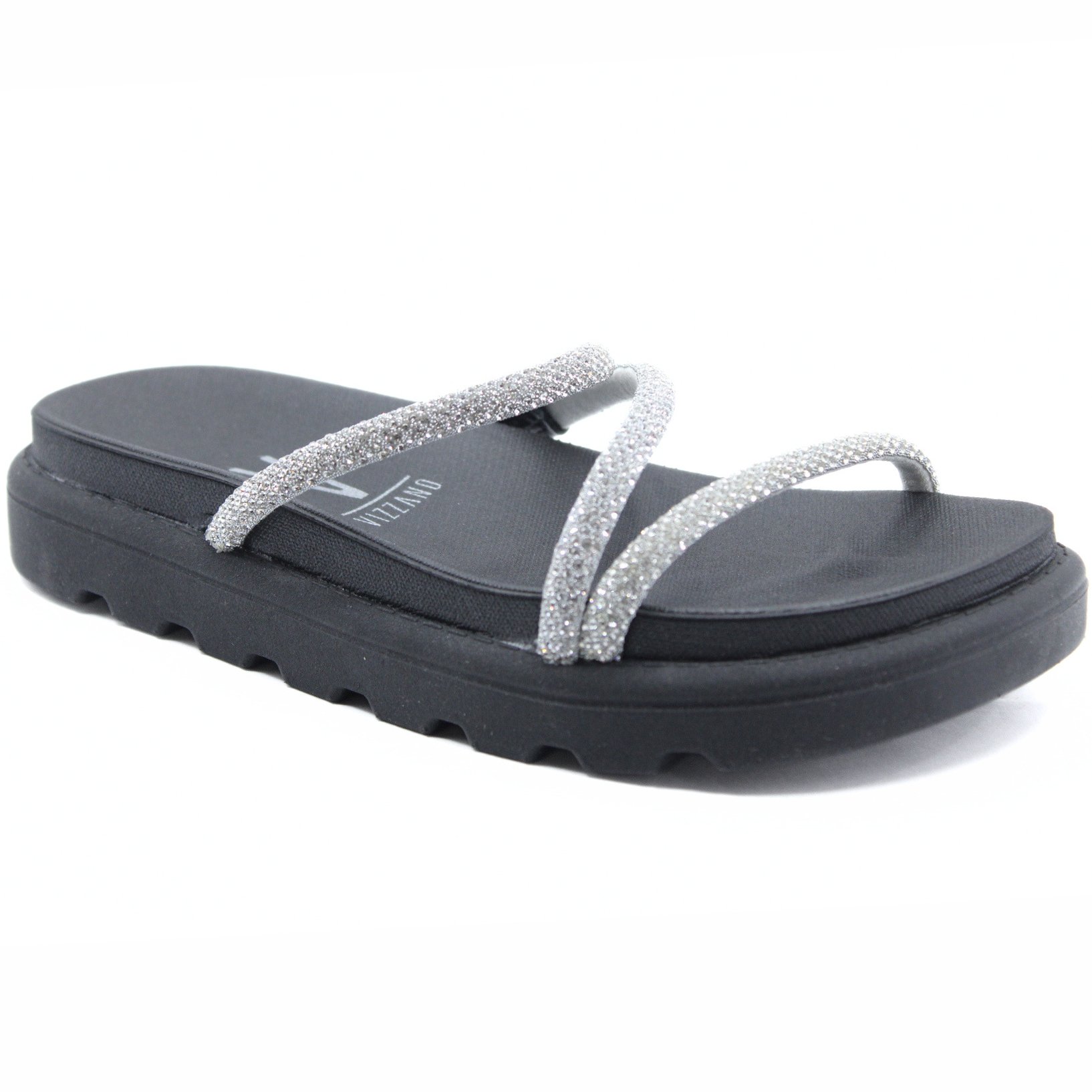 Rasteira Vizzano Flatform Tiras Strass Hotfix - Preto e Prata Preto/Prata 1