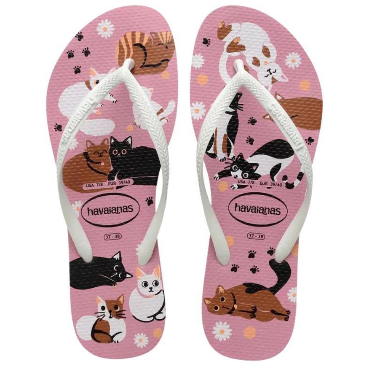 Chinelo Infantil Havaianas Slim Pets Menina - Rosa e Branco