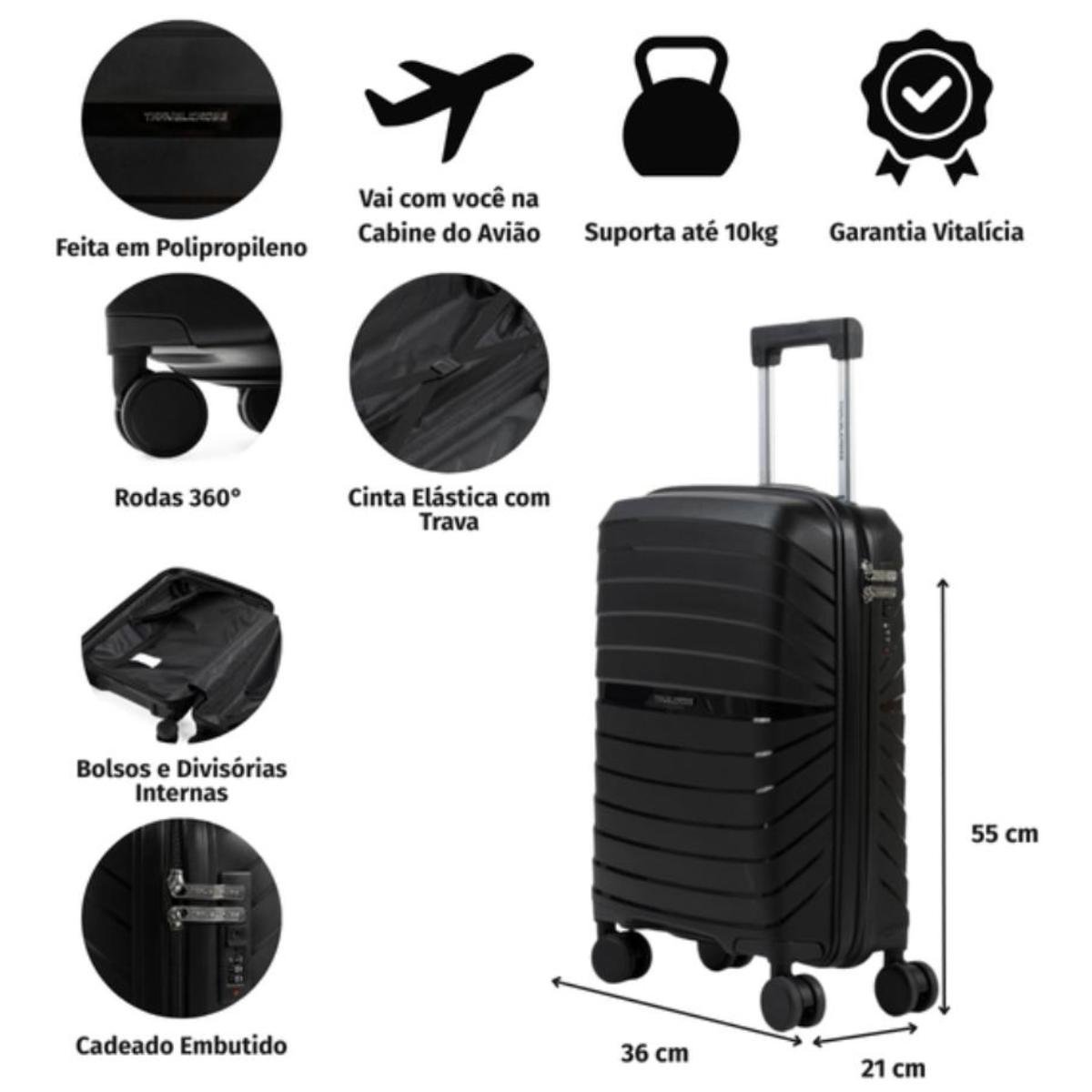 Mala de Viagem Bagaggio Rover 20 Polegadas - Preto Preto 7