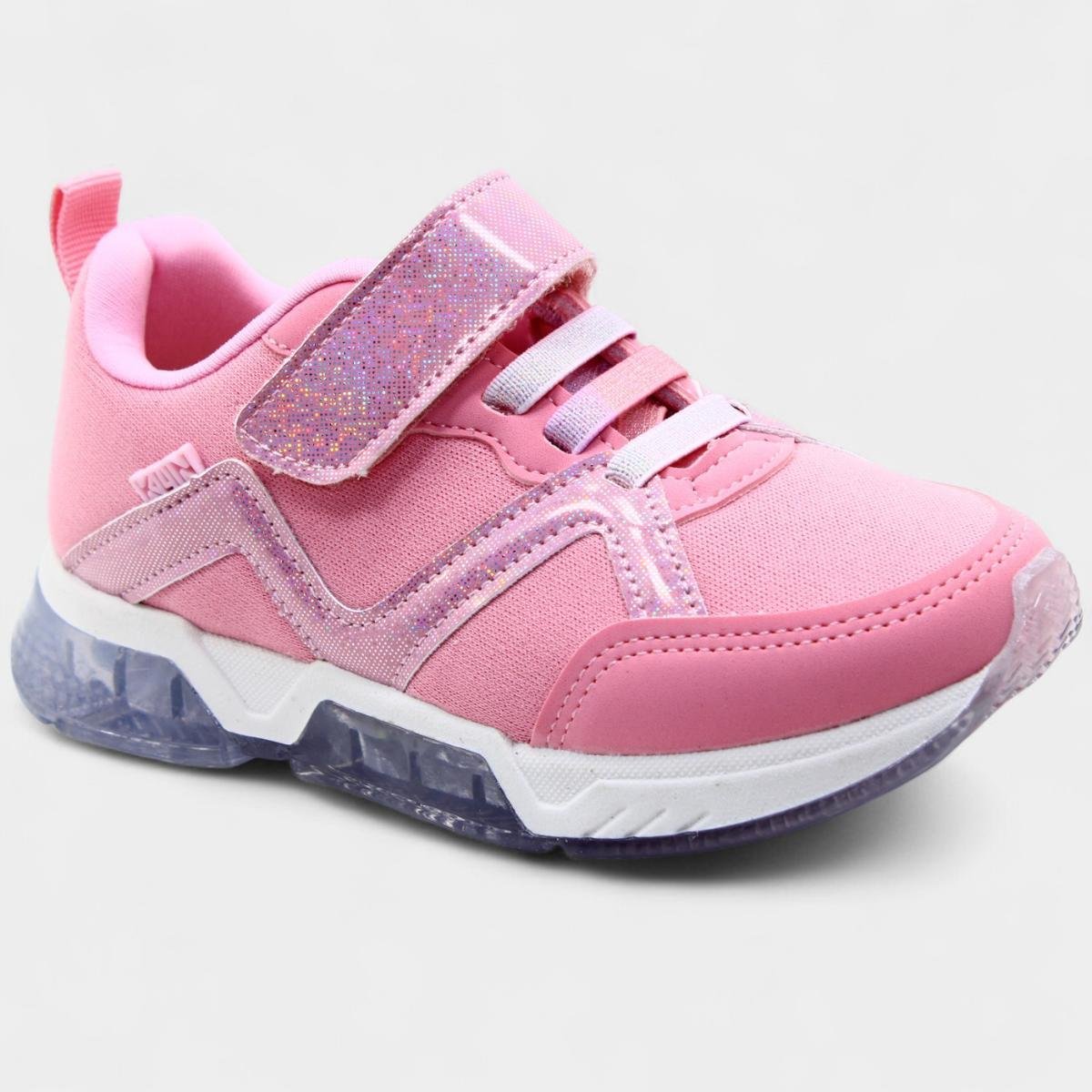 Tênis Infantil Klin Light Led Detalhe Holográfico Menina - Rosa