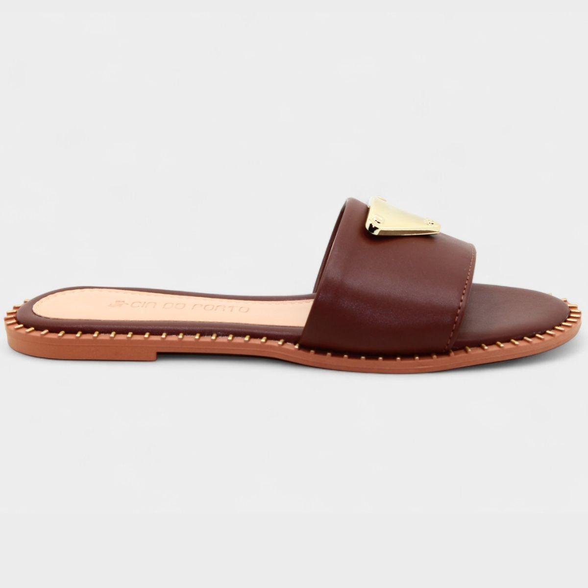 Rasteira Cia do Porto Estilo Dourado Feminina - Marrom Escuro Marrom Escuro 2