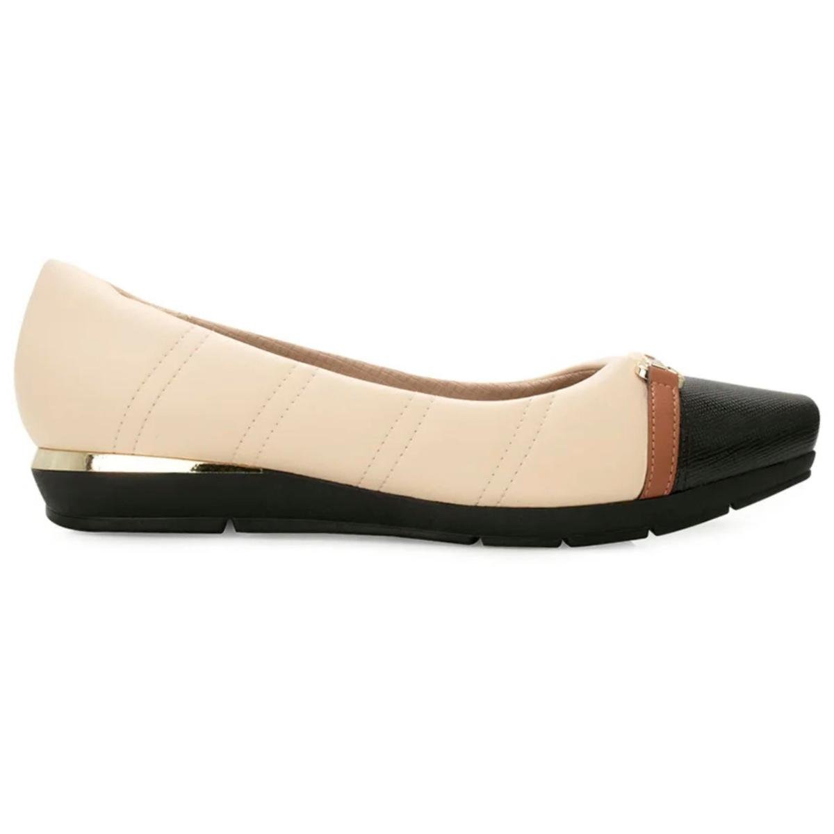 Sapato Piccadilly Salto Baixo Feminino - Bege e Preto Bege/Preto 2
