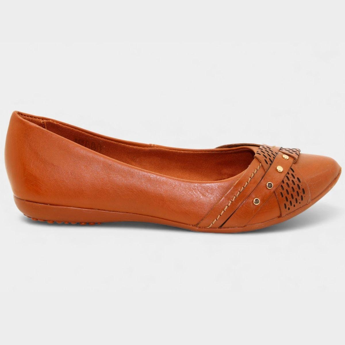 Sapatilha Couro Bottero Bico Fino Microperfuros Apliques Feminina - Caramelo Caramelo 2