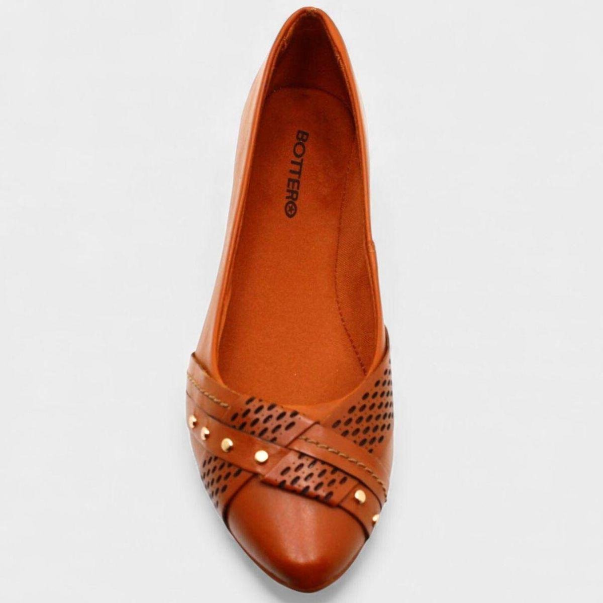 Sapatilha Couro Bottero Bico Fino Microperfuros Apliques Feminina - Caramelo Caramelo 3