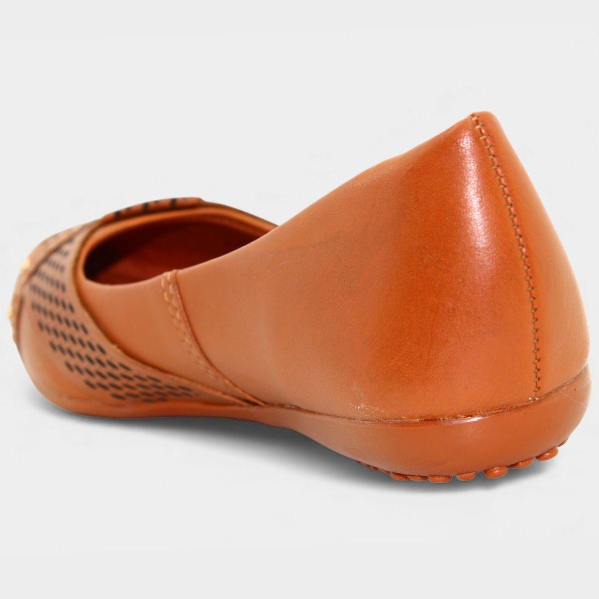 Sapatilha Couro Bottero Bico Fino Microperfuros Apliques Feminina - Caramelo Caramelo 4