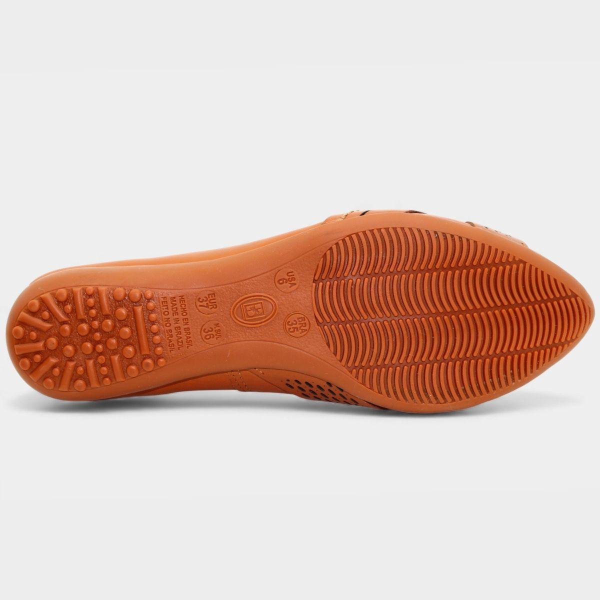 Sapatilha Couro Bottero Bico Fino Microperfuros Apliques Feminina - Caramelo Caramelo 5