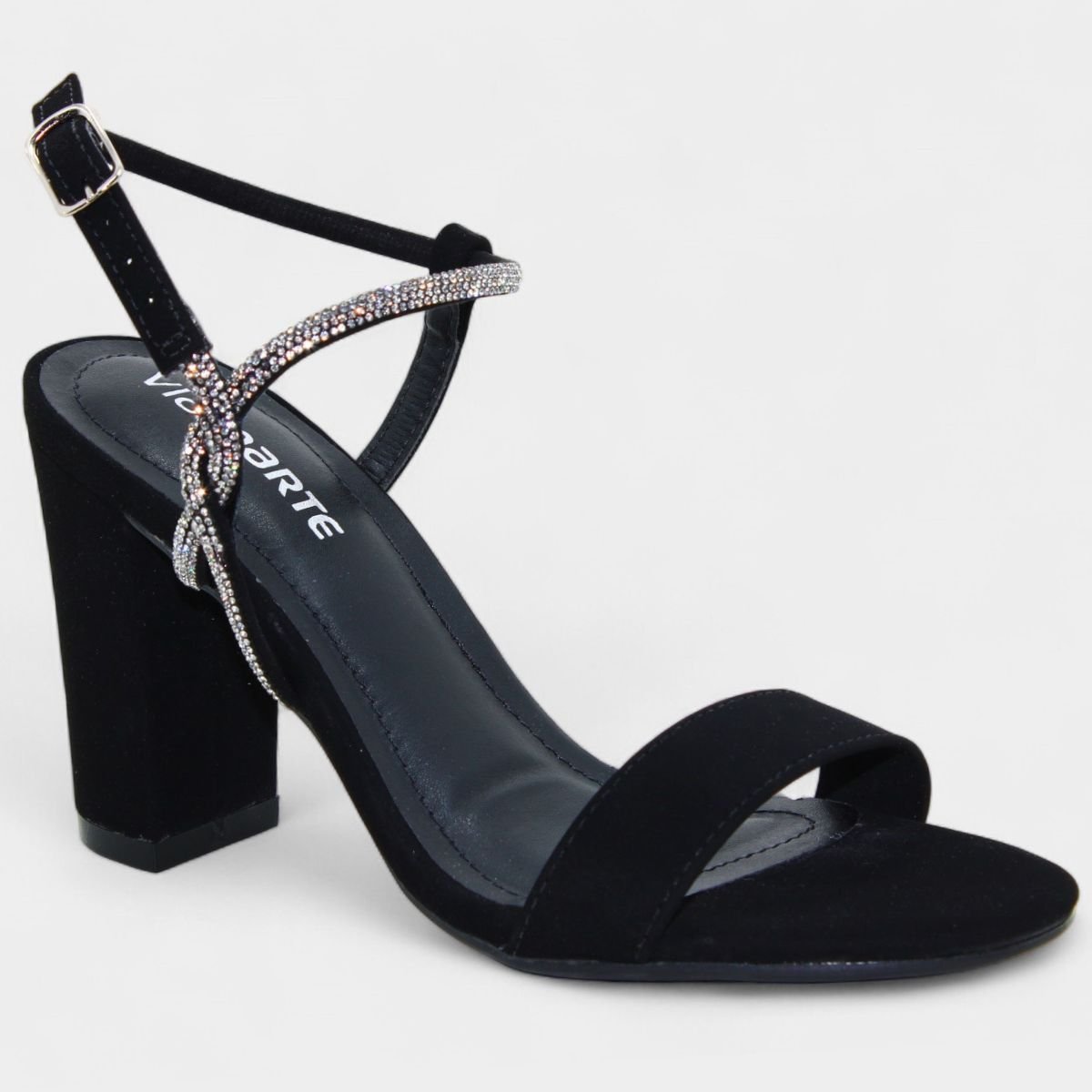 Sandália Via Marte Salto Grosso Strass Nobuck Feminina - Preto
