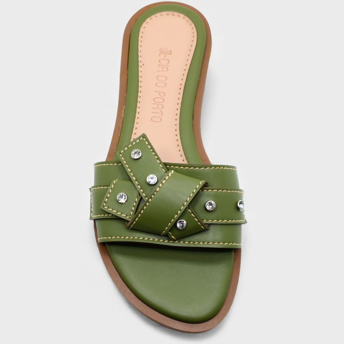 Rasteira Cia do Porto Nó Strass Feminina - Verde Oliva Verde 3