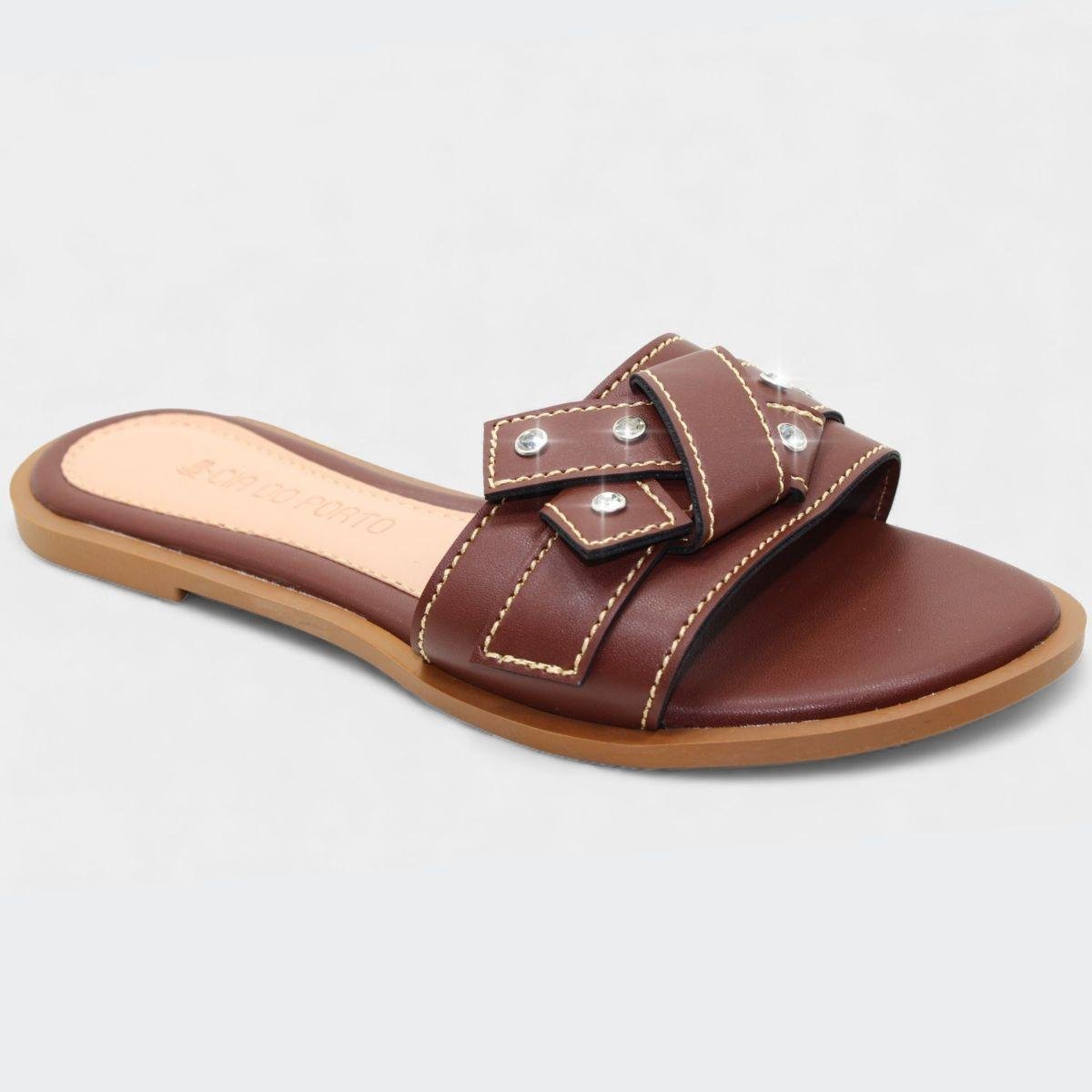 Rasteira Cia do Porto Nó Strass Feminina - Marrom Escuro