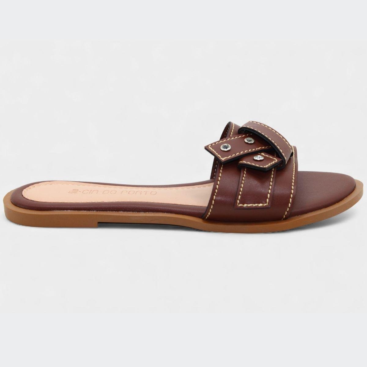 Rasteira Cia do Porto Nó Strass Feminina - Marrom Escuro Marrom Escuro 2