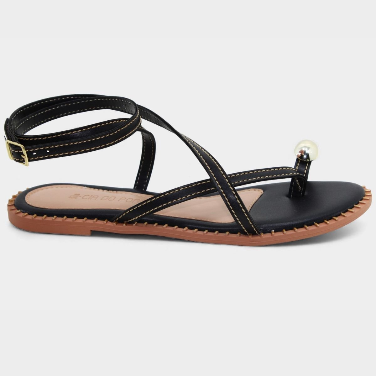 Rasteira Cia do Porto Amarração Detalhes Feminina - Preto Preto 2