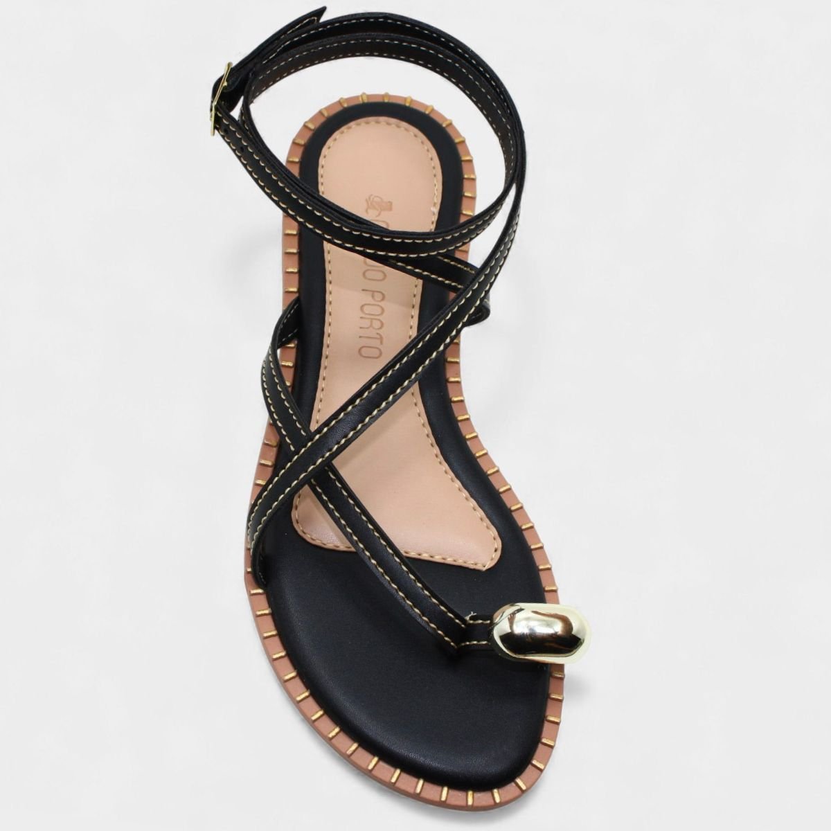 Rasteira Cia do Porto Amarração Detalhes Feminina - Preto Preto 3