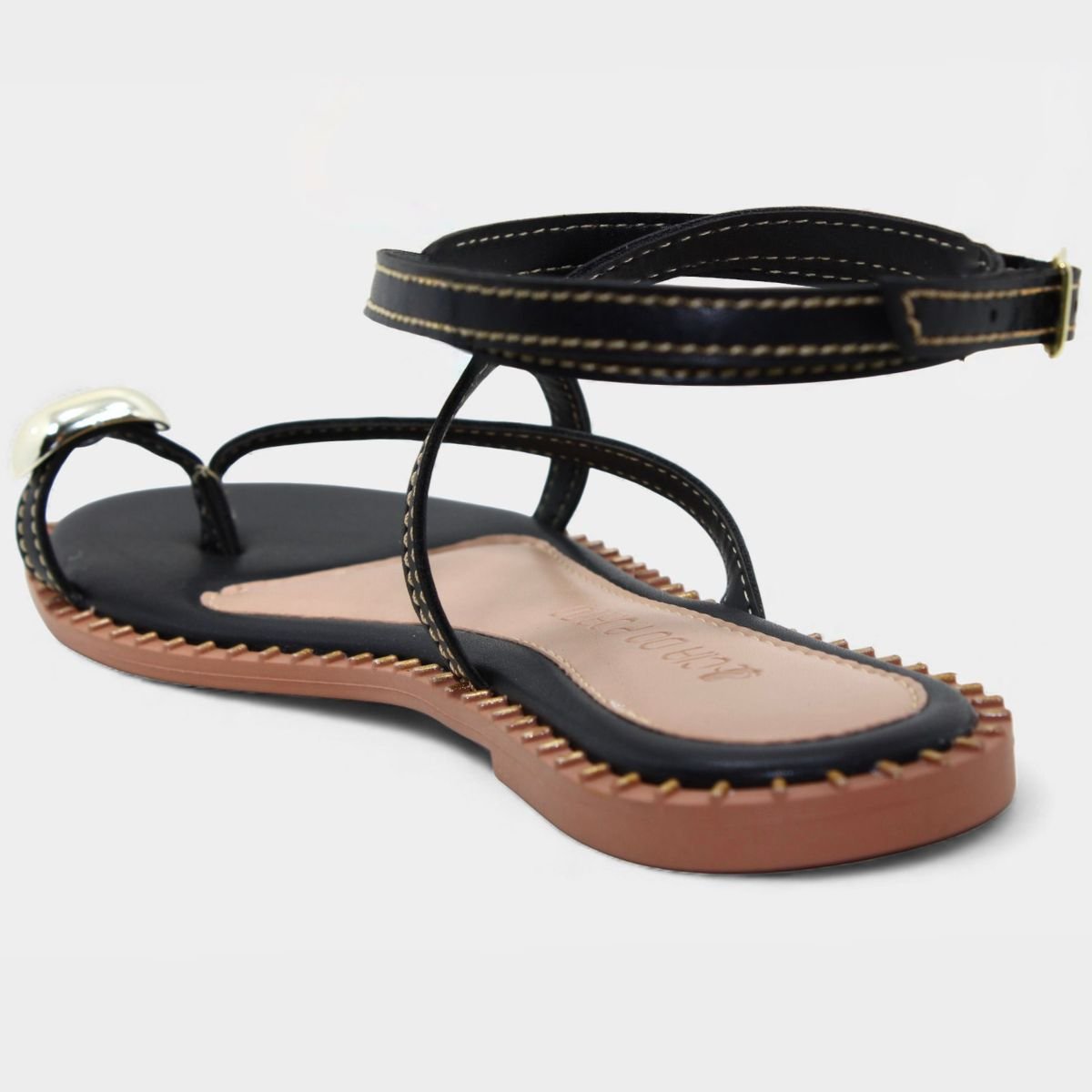 Rasteira Cia do Porto Amarração Detalhes Feminina - Preto Preto 4