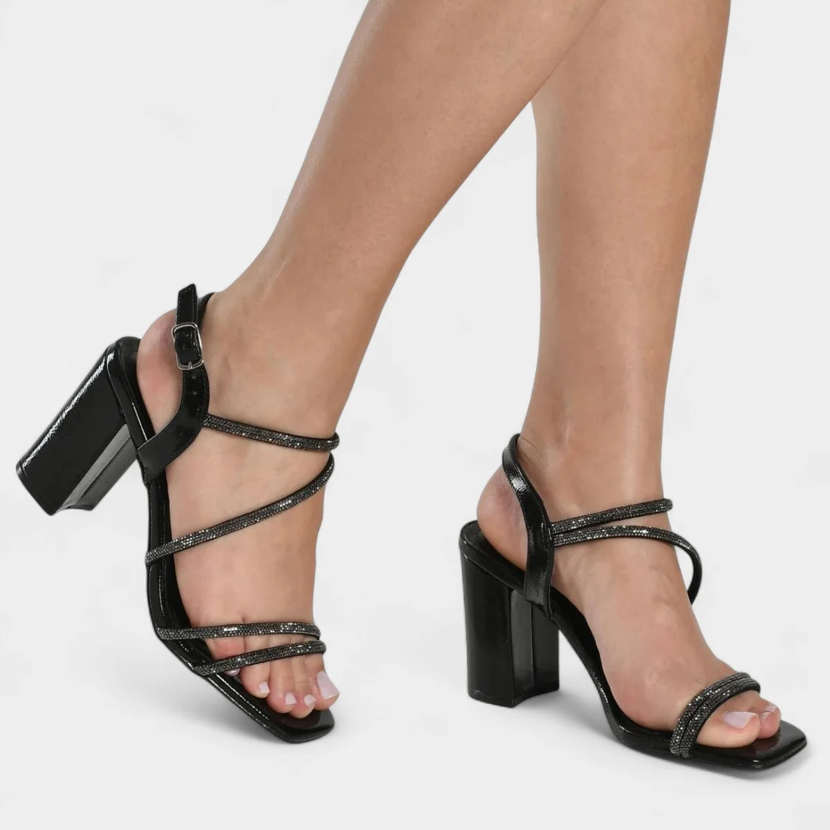 Sandália Via Marte Salto Grosso Strass Feminina - Preto Preto 4