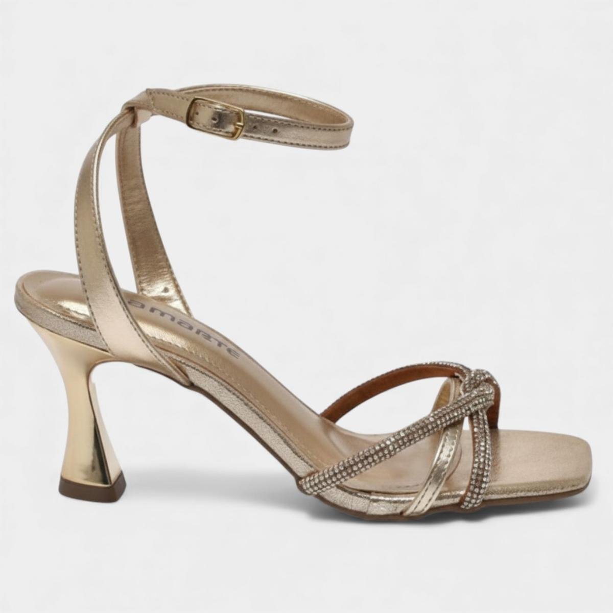 Sandália Via Marte Tiras Cruzadas Strass Salto Médio Feminino - Dourado Dourado 2