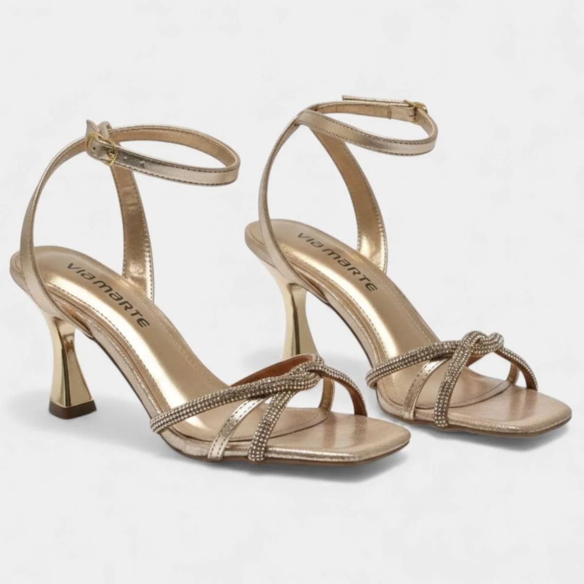 Sandália Via Marte Tiras Cruzadas Strass Salto Médio Feminino - Dourado Dourado 3